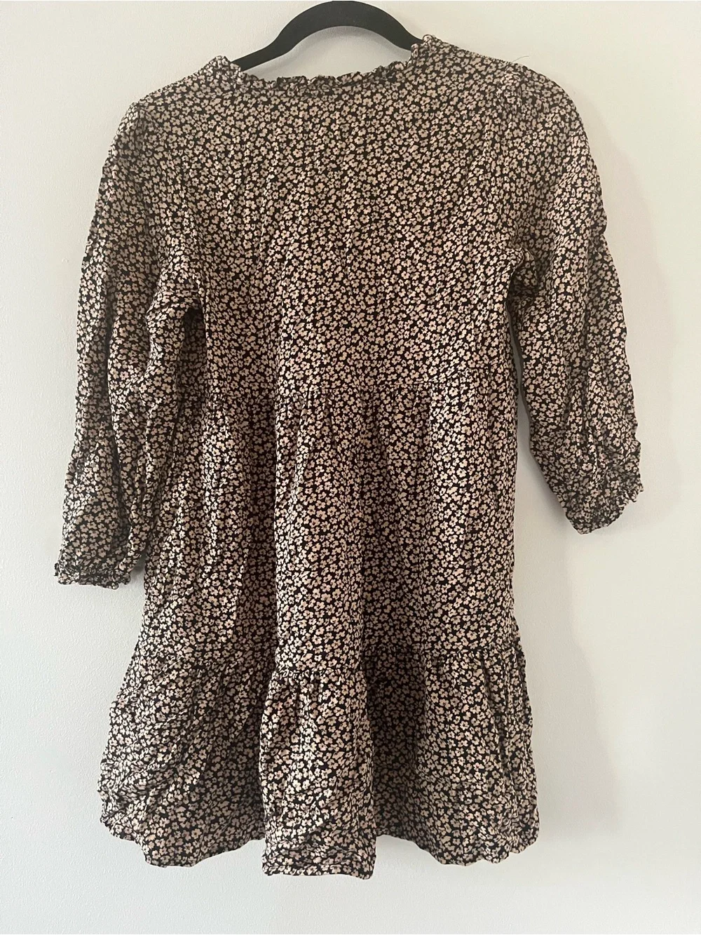 Zara Tan Black Floral Print Peasant Mini Dress Girls 10 Cottagecore Tiered